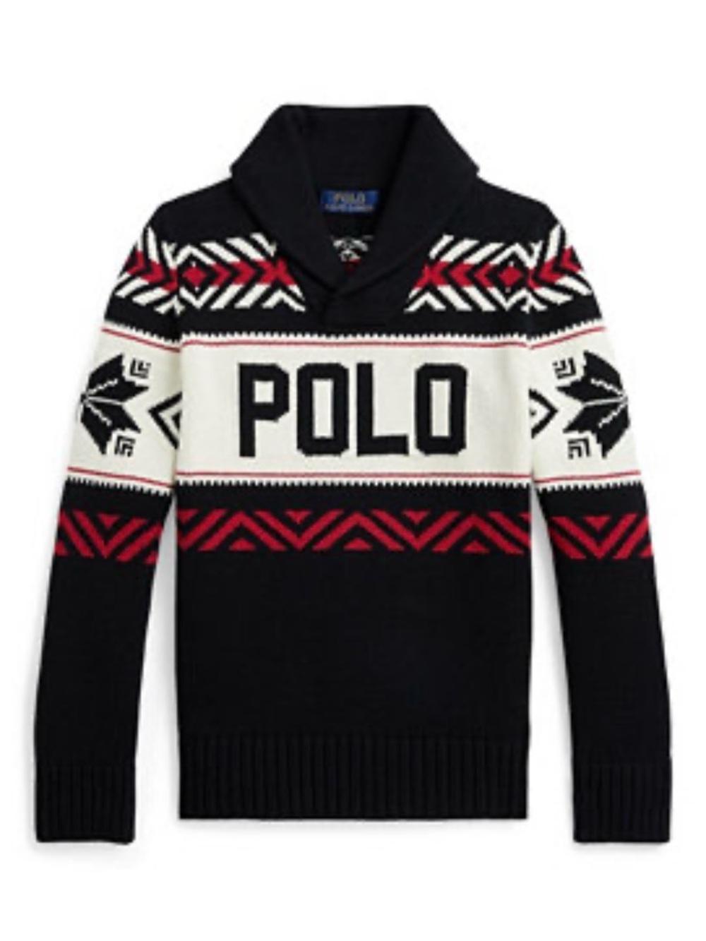 Polo by Ralph Lauren Black/White/Red Shawl-Collar Fair Isle Turtleneck Sweater